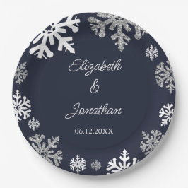Winterhochzeit mit blauen Schneeflocken Pappteller