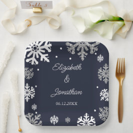 Winterhochzeit mit blauen Schneeflocken Pappteller