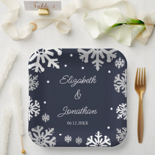 Winterhochzeit mit blauen Schneeflocken Pappteller