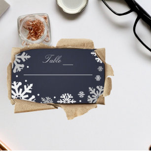 Winterhochzeit mit blauen Schneeflocken Platzkarte
