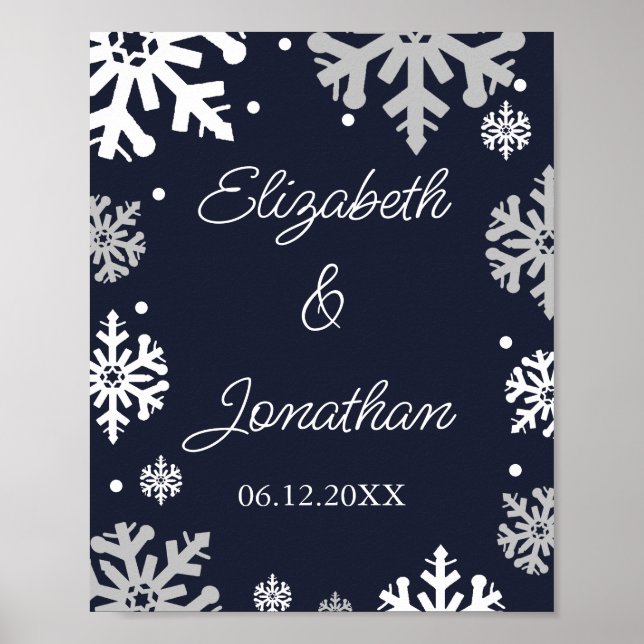 Winterhochzeit mit blauen Schneeflocken Poster (Vorne)