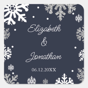 Winterhochzeit mit blauen Schneeflocken Quadratischer Aufkleber
