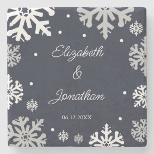 Winterhochzeit mit blauen Schneeflocken Steinuntersetzer