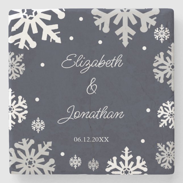 Winterhochzeit mit blauen Schneeflocken Steinuntersetzer (Vorderseite)