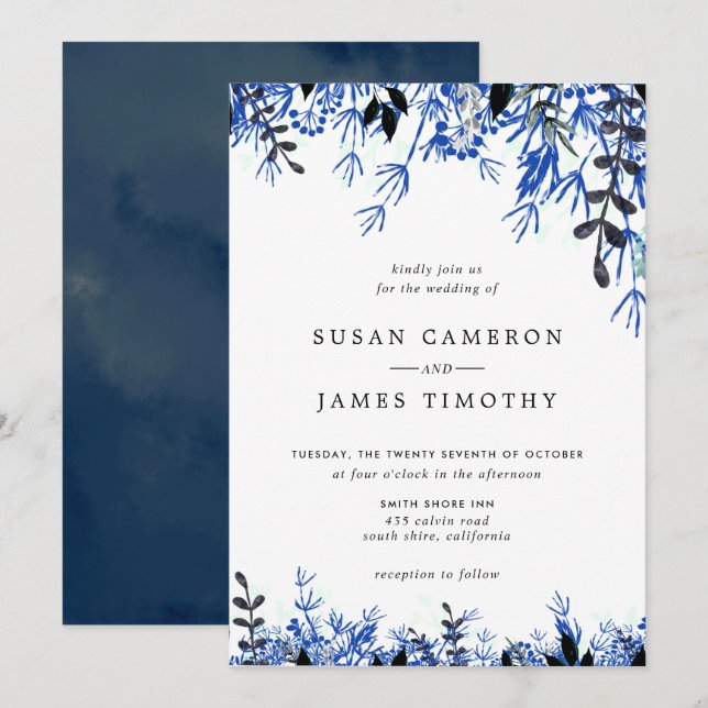Winterhochzeit mit weißer Navy Blue Watercolor Einladung (Vorne/Hinten)