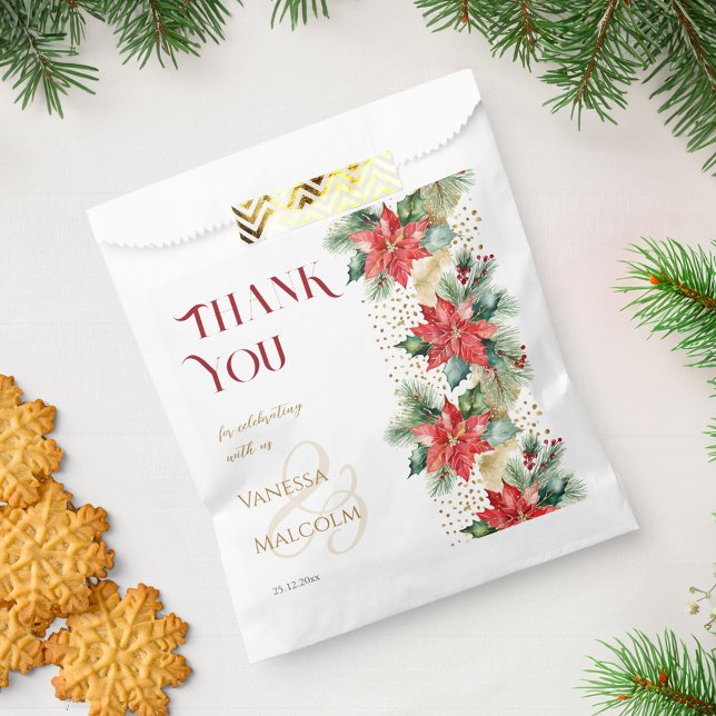 Winterhochzeit Poinsettia Goldvorlage Geschenktütchen (Winter wedding elegant poinsettia gold sprinkles template favor bag Christmas wedding favor bag)