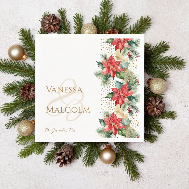 Winterhochzeit Poinsettia Goldvorlage Serviette (Winter Christmas wedding  red poinsettia gold sprinkles template napkins personalized tableware)