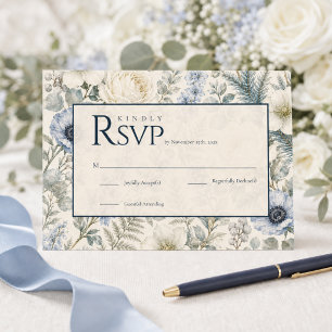 Winterhochzeit-RSVP-Karte Blau Elfenbein Floral RSVP Karte
