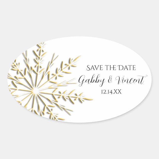 Winterhochzeit Save the Date mit Gold Snowflake Ovaler Aufkleber (Vorderseite)