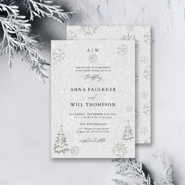 Winterhochzeit Schwarz-weiße Pine Wonderland Hochz Einladung (winter wedding invitation white wonderland christmas pine tree glitter black white snow flakes)