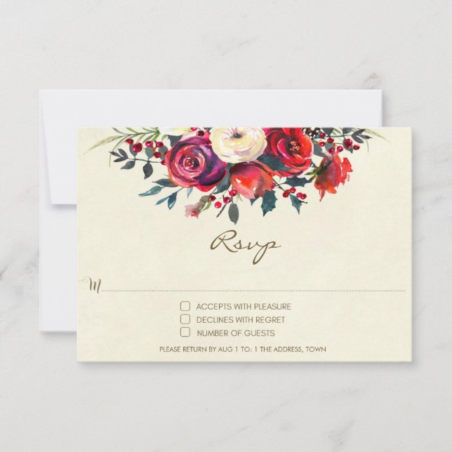 Winterhochzeit UAWG Rose Beeren Urlaub RSVP Karte (Vorderseite)