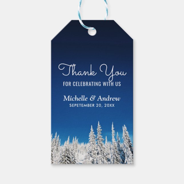 Winterhochzeit von Snow Pine Trees Vielen Dank Geschenkanhänger (Vorderseite)
