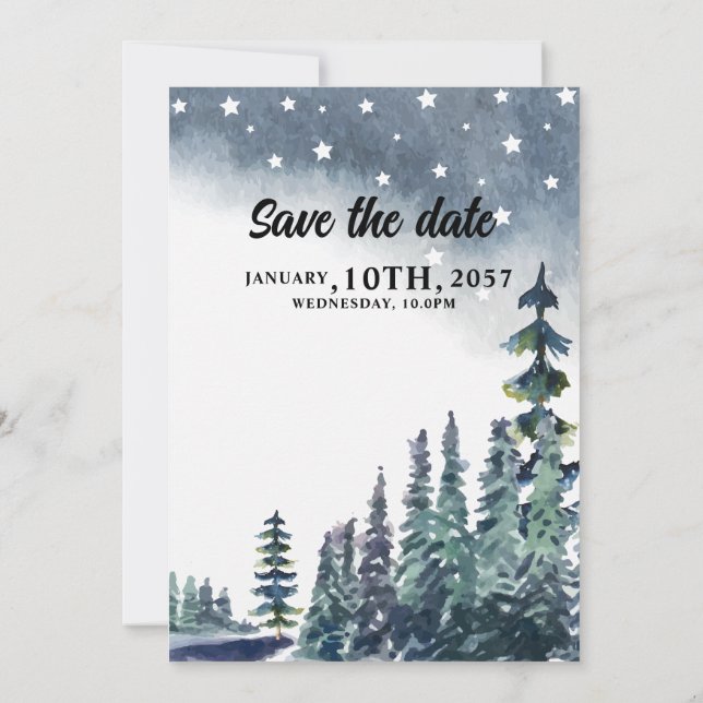 Winterhochzeitkarte mit nieder blauer Kiefernwald Einladung (Rückseite)