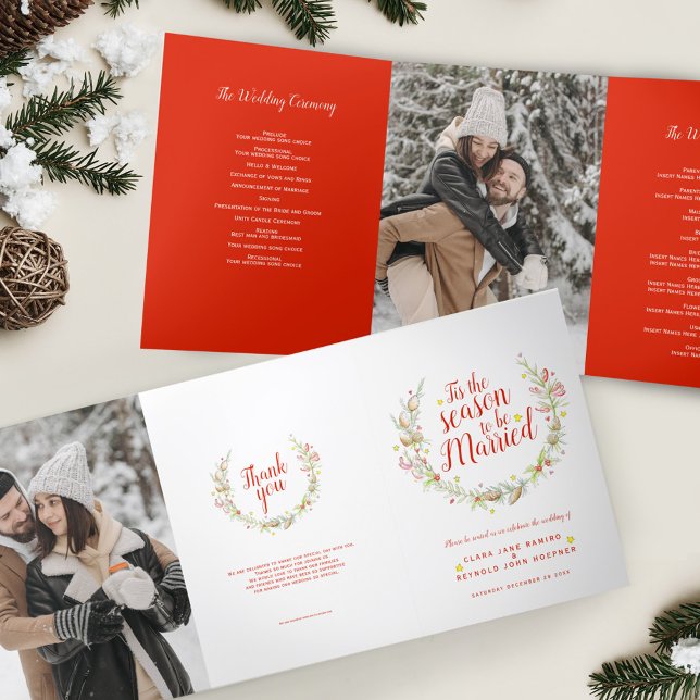 Winterhochzeitkegel Rote Beeren Aquarell Foto Dreifach-gefaltete Programmkarte (Von Creator hochgeladen)