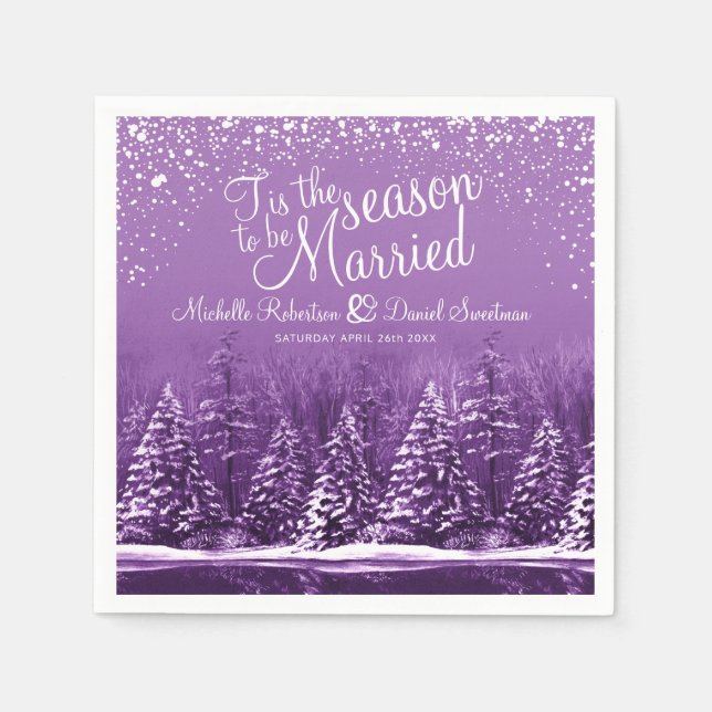 Winterhochzeitkiefernsee lila Kunst Serviette (Vorderseite)