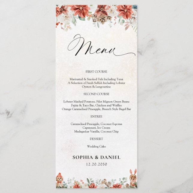 Winterhochzeitsmenü Menükarte (Vorderseite)