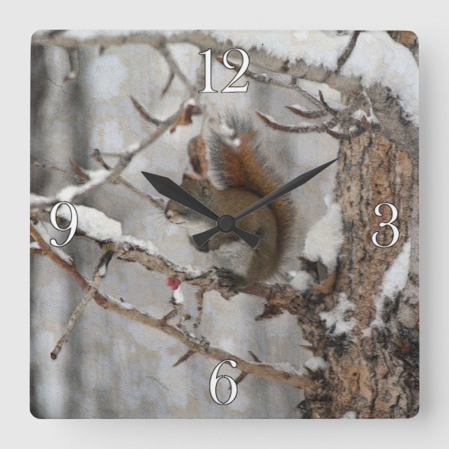 Winterhörnchen, Schnee & Rote Berries Xmas Design Quadratische Wanduhr (Vorderseite)