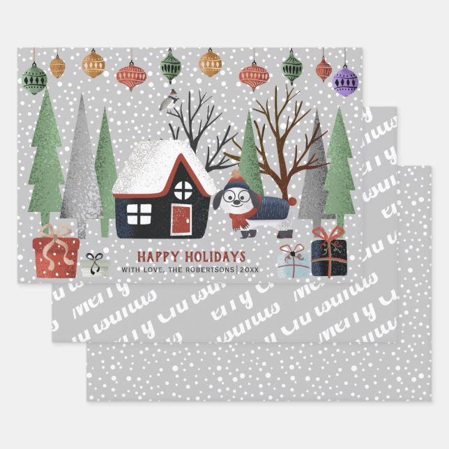 Winterhund, Frohe Weihnachten und Schneeflocken Geschenkpapier Set (Set)