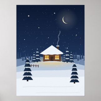 Winterhütte bei Nacht Weihnachtssternenschnee Post Poster