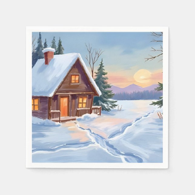 Winterhütte Berg Schnee Aquarell Serviette (Vorderseite)