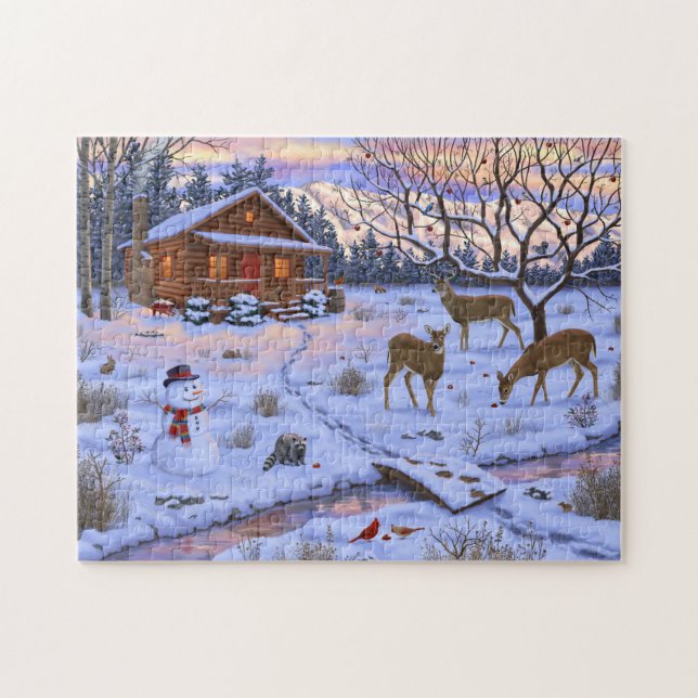 Winterhütte Hirsch im Schnee Weihnachtsszene (Horizontal)