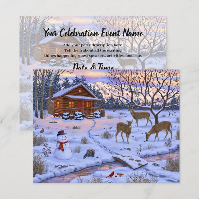Winterhütte Hirsch im Schnee Weihnachtsszene Einladung (Vorne/Hinten)