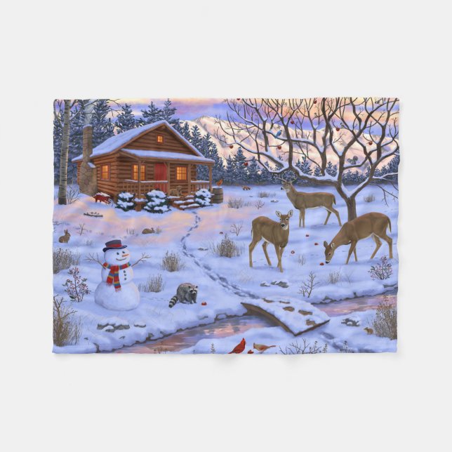 Winterhütte Hirsch im Schnee Weihnachtsszene Fleecedecke (Vorderseite (Horizontal))