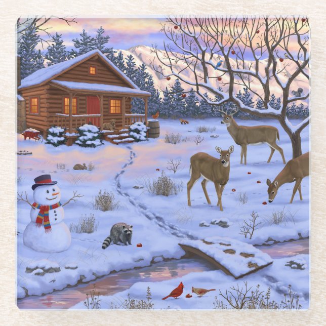 Winterhütte Hirsch im Schnee Weihnachtsszene Glasuntersetzer (Vorderseite)
