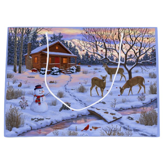Winterhütte Hirsch im Schnee Weihnachtsszene Große Geschenktüte (Vorderseite)