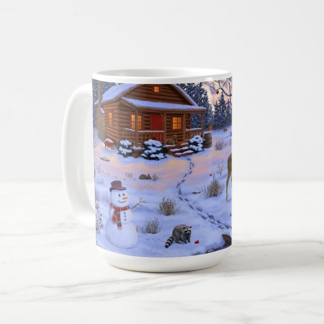 Winterhütte Hirsch im Schnee Weihnachtsszene Kaffeetasse (Vorderseite Links)