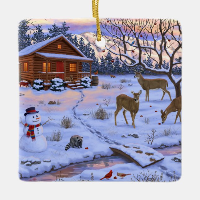 Winterhütte Hirsch im Schnee Weihnachtsszene Keramikornament (Vorderseite)