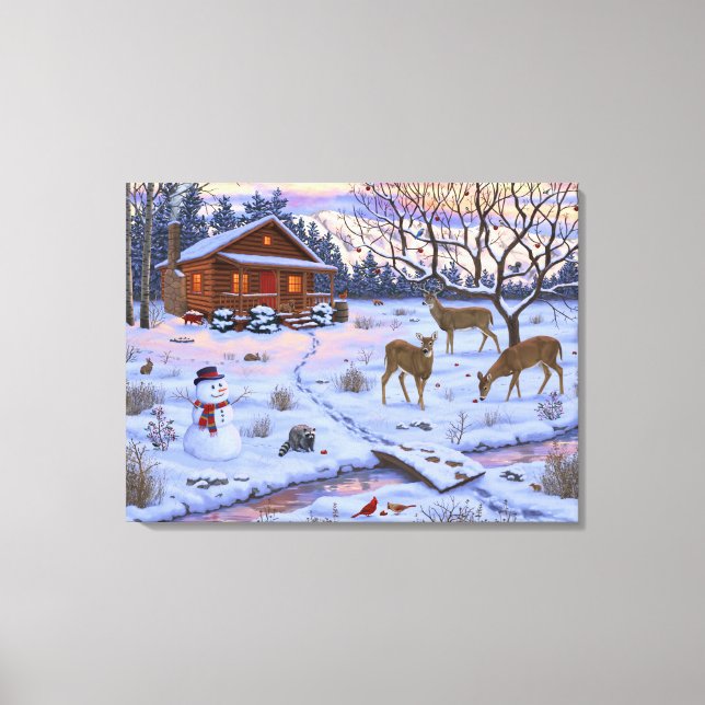 Winterhütte Hirsch im Schnee Weihnachtsszene Leinwanddruck (Vorderseite)