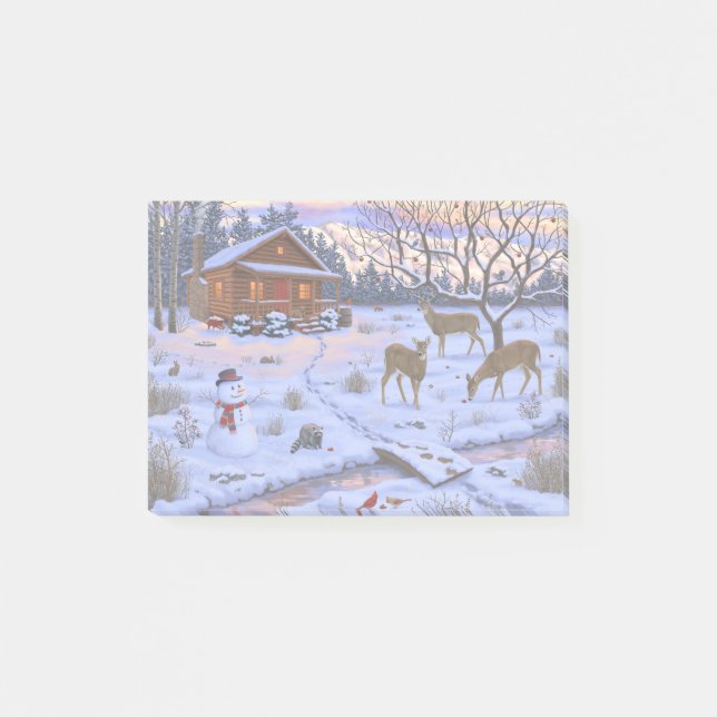 Winterhütte Hirsch im Schnee Weihnachtsszene Post-it Klebezettel (Vorderseite)
