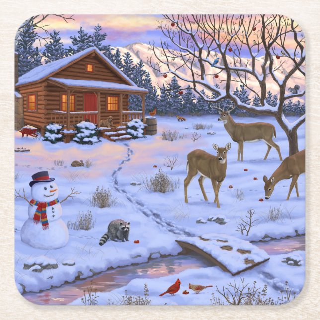 Winterhütte Hirsch im Schnee Weihnachtsszene Rechteckiger Pappuntersetzer (Vorderseite)