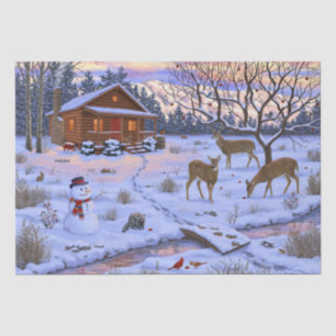 Winterhütte Hirsch im Schnee Weihnachtsszene Seidenpapier