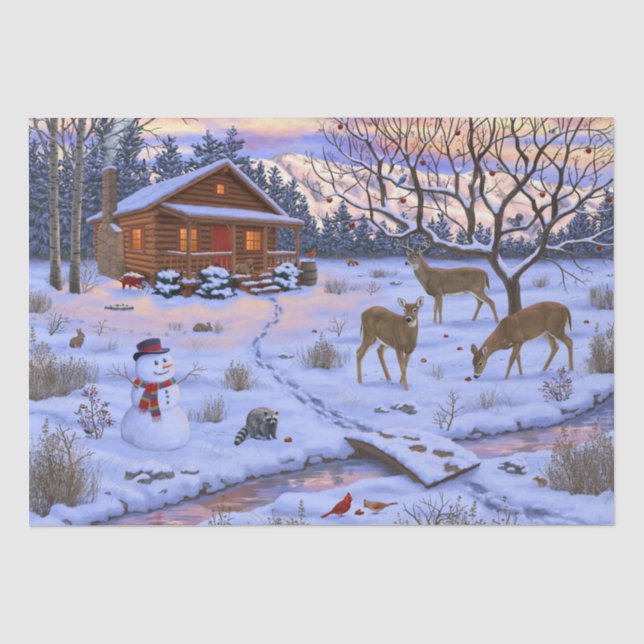 Winterhütte Hirsch im Schnee Weihnachtsszene Seidenpapier (Vorderseite)