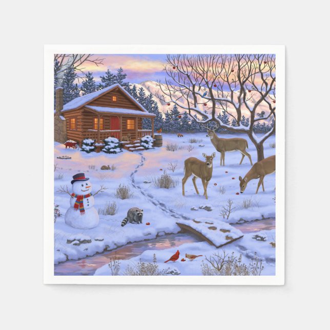 Winterhütte Hirsch im Schnee Weihnachtsszene Serviette (Vorderseite)