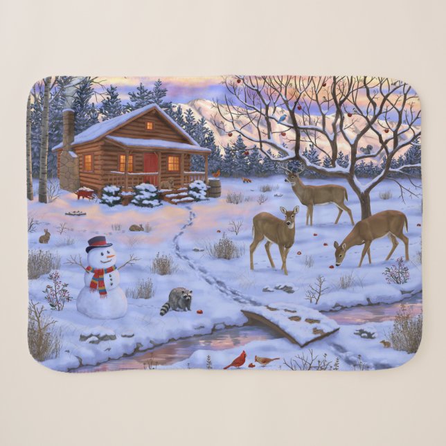 Winterhütte Hirsch im Schnee Weihnachtsszene Sherpadecke (Vorderseite (Horizontal))