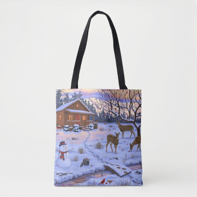 Winterhütte Hirsch im Schnee Weihnachtsszene Tasche (Vorderseite)
