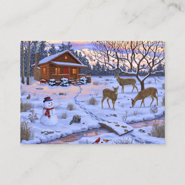 Winterhütte Hirsch im Schnee Weihnachtsszene Visitenkarte (Vorderseite)
