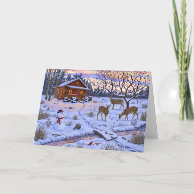 Winterhütte Hirsch in Schneeschweihnachtszene Karte (Vorderseite)