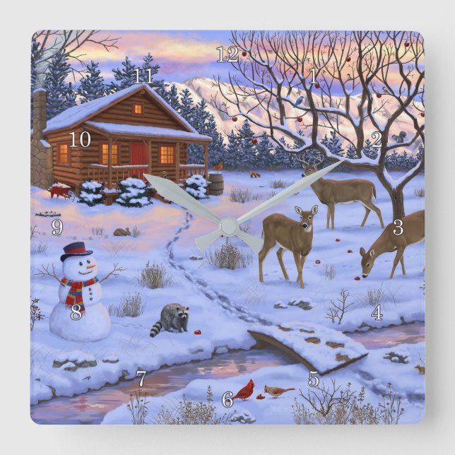 Winterhütte Hirsch in Schneeschweihnachtszene Quadratische Wanduhr (Vorderseite)