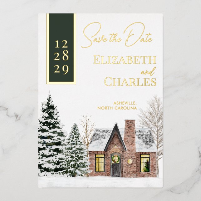 Winterhütte Hütte Grün Rustikal Save the Date Folieneinladung (Vorderseite)