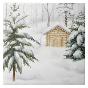 Winterhütte im schneebedeckten Wald Aquarell Fliese