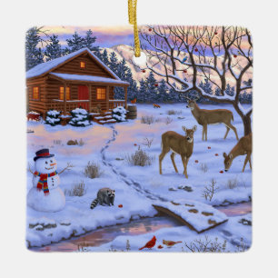 Winterhütte Reh Im Schnee Weihnachtsszene Keramikornament