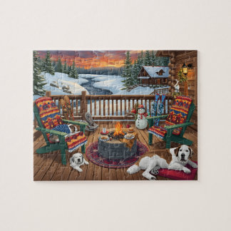 Winterhütte Terrasse Hunde Feuerstelle Schneeszene
