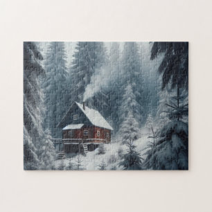 Winterhüttenlandschaft mit Schnee und Pinien