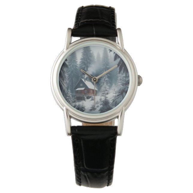 Winterhüttenlandschaft mit Schnee und Pinien Armbanduhr (Vorderseite)