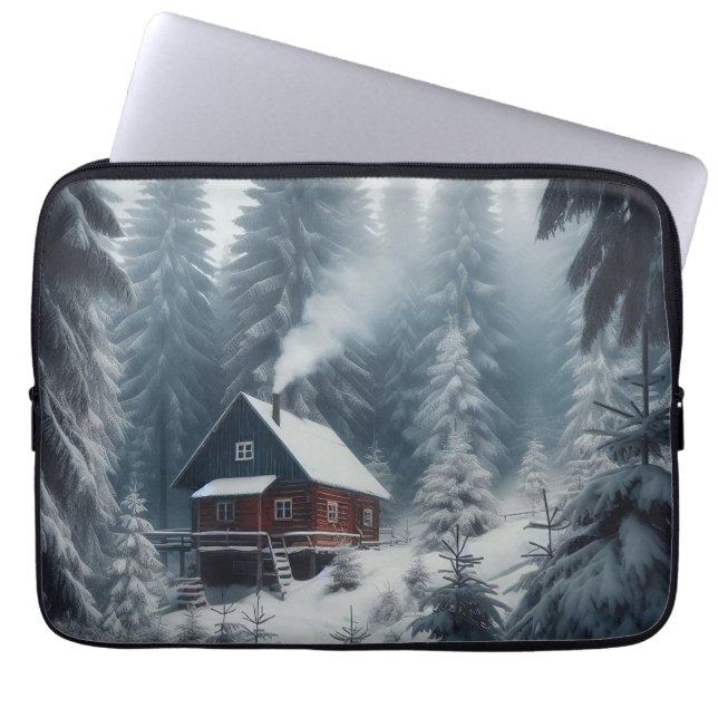 Winterhüttenlandschaft mit Schnee und Pinien Laptopschutzhülle (Vorderseite)