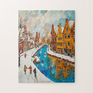Winterkanal mit verschneiten Straßen und farbenfro